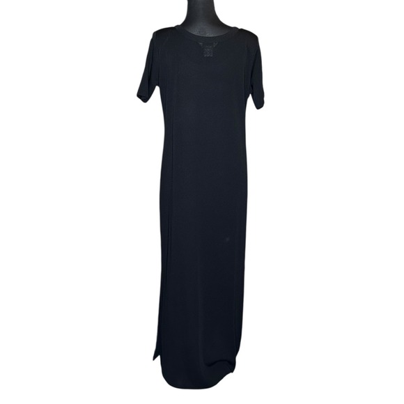Misook Black Knit Maxi Dress Short Sleeve Scoop Neck Side Slits Size M Korea - Picture 3 of 9